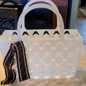 Plastic White Designer Tote Bag with Ribbon Accent